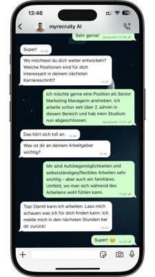 KI-gestützter WhatsApp-Chat für schnelle Vorqualifizierung von Bewerber:innen durch myrecruity
